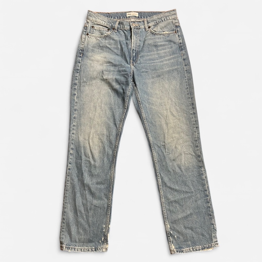 Zara Jeans Womens Size 8 Blue Slim Straight Cotton High Rise Distressed
